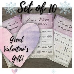 Hallmark Movie Bingo (paquete de 10 tarjetas de borrado en seco) para películas de invierno y San Valentín