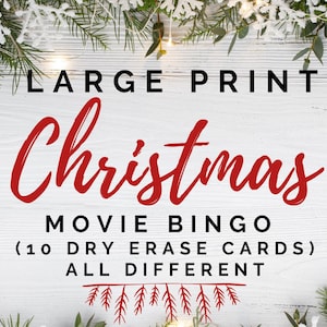 Tarjetas de borrado en seco Hallmark Christmas Movie Bingo con letra grande (para personas con discapacidad visual) (10 tarjetas, todas diferentes) - 6 estilos para elegir