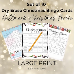 Cartões de Bingo de Filmes de Natal Hallmark em LETRA GRANDE (para deficientes visuais) para apagamento a seco! (10 cartões - todos diferentes) - 6 estilos para escolher