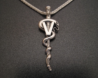 Zilveren hanger dierenartsstaf van Asclepius