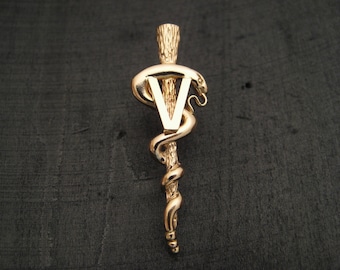 Pin de solapa con el bastón de Asclepio del veterinario en oro de 14 quilates