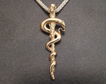 14K Gold Staff of Asclepius Pendant