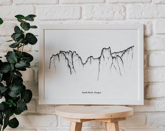 Smith Rock State Park Oregon Druck, Bergkunst, minimalistische Wohnkultur, schwarz-weiße Wandkunst, einfache Kunst