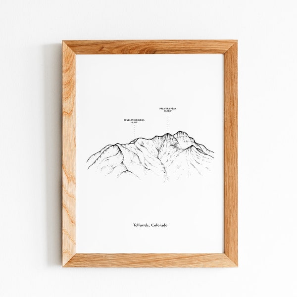 Telluride Colorado, sztuka ścienna górska, rysunek górski, minimalistyczny wystrój domu, sztuka czarno-biała, ilustracja