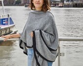 Cashmere open poncho with contrasting edge scarf wrap around cape, grey