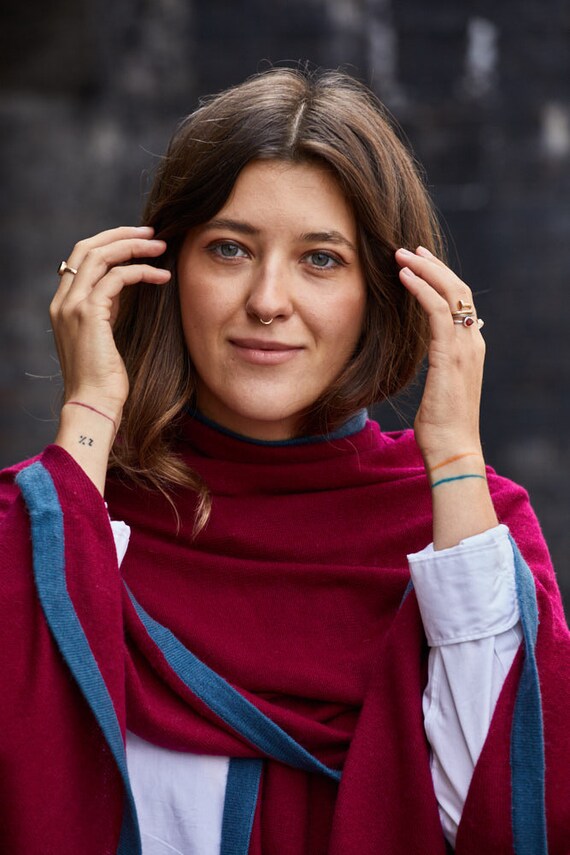 Cashmere Open Poncho with Contrasting Edge Scarf Wrap Around Cape