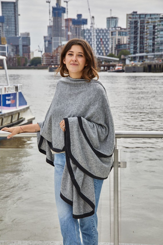 Cashmere Open Poncho With Contrasting 