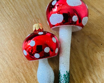 Handmade red colourful glass mushroom Christmas decorations baubles, hanging Christmas tree ornament, set of 2