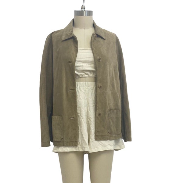 manteau de corvée en daim beige 90s vintage bouton minimaliste boho veste en cuir neutre