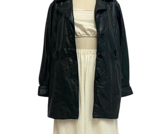 softest black leather jacket 90s vintage minimalist belted button up leather chore coat M