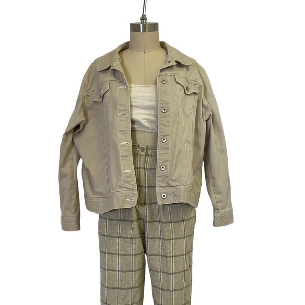 beige cotton denim jacket vintage minimalist neutral relaxed fit jean chore coat L