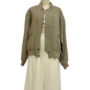 beige silk bomber jacket minimalist vintage relaxed fit lightweight coat L