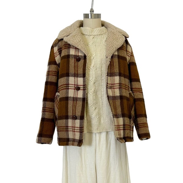 retro 70s neutral plaid wool sherpa collar jacket M