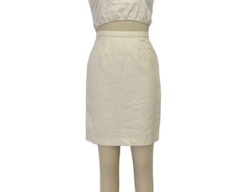 cream linen pencil skirt 90s basic curvy fit high waist white short skirt S