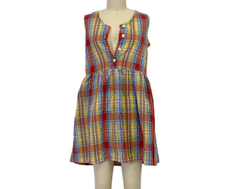 primary color plaid button up doll dress 80s vintage colourful mini dress M