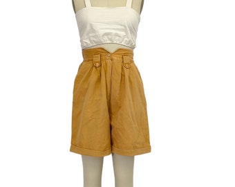 ochre high waist long cotton denim shorts 80s vintage pleated yellow culottes S