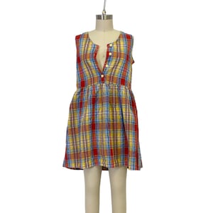 primary color plaid button up doll dress 80s vintage colourful mini dress M
