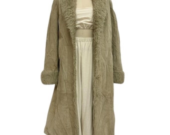 Suède maxi-jas jaren 90 vintage Penny Lane neutraal leren jack met bontrand L