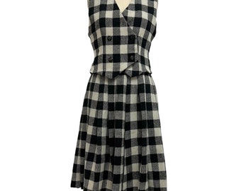 70s Vintage Buffalo Plaid Wool Skirt Suit: Pleated Midi Skirt & Waistcoat Vest