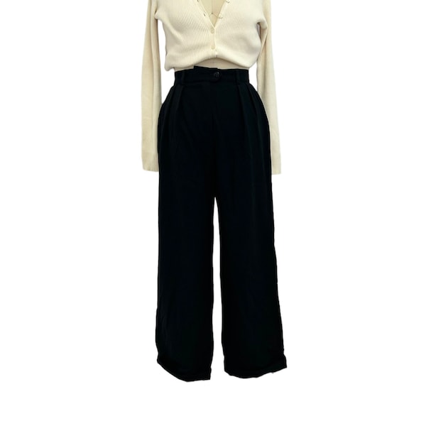 vintage Escada trousers minimalist black wool wide leg high waist curvy fit pants M/L