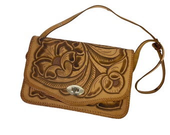 tooled leather purse 60s boho large floral carved leather crossbody bag