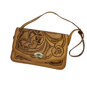 tooled leather purse 60s boho large floral carved leather crossbody bag