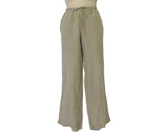 oatmeal linen tie waist pants minimalist vintage boho wide leg trousers S