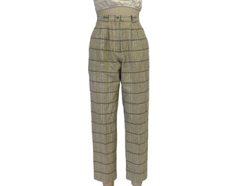 plaid cotton trousers 90s vintage high waist woven neutral pants S