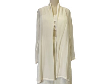 white silk chiffon long sheer blouse minimalist open shirt cover up M