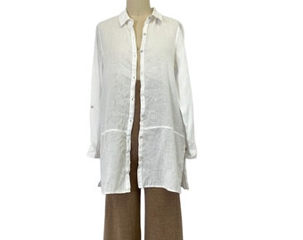 long white linen tunic blouse minimalist button up oxford shirt M