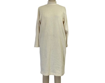 cream knit turtle neck sweater dress 80s vintage minimalist neutral midi dress M