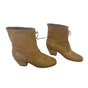 boho cowboylaarzen jaren 70 vintage warm beige bewerkte leren westernlaarsjes met lage taille