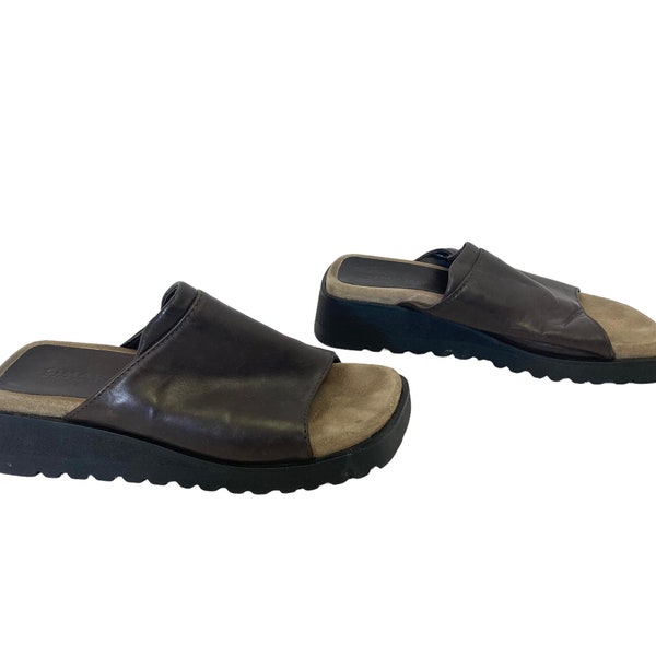 brown leather slides minimalist vintage platform wedge square toe slip on sandals s
