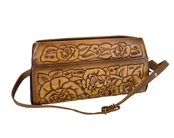 tooled roses caramel leather bag 60s mid century vintage boho purse