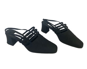 90s Black Vegan Strappy Mules: Cage Heel Pumps, Size 8.5