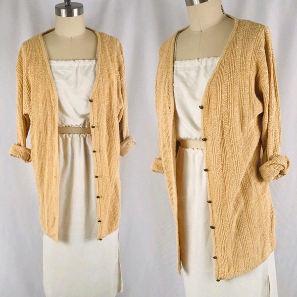 silk knit cardigan 90s butter yellow long button up shirt sweater size medium