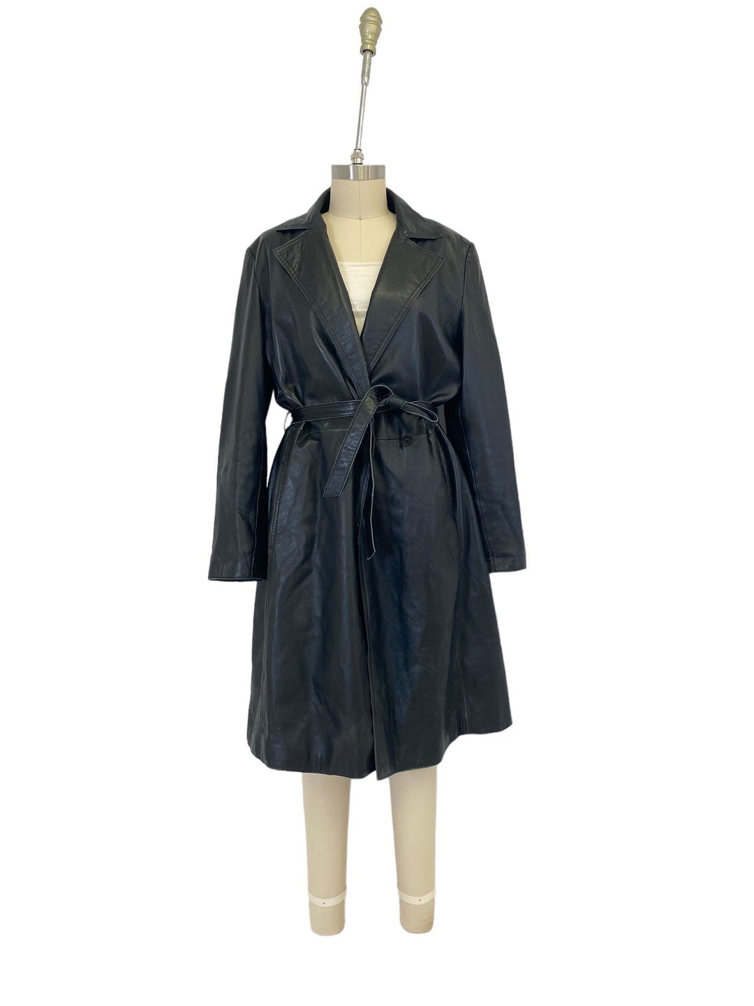 Black Leather Trench Coat Minimalist Vintage Long Belted Etsy Canada