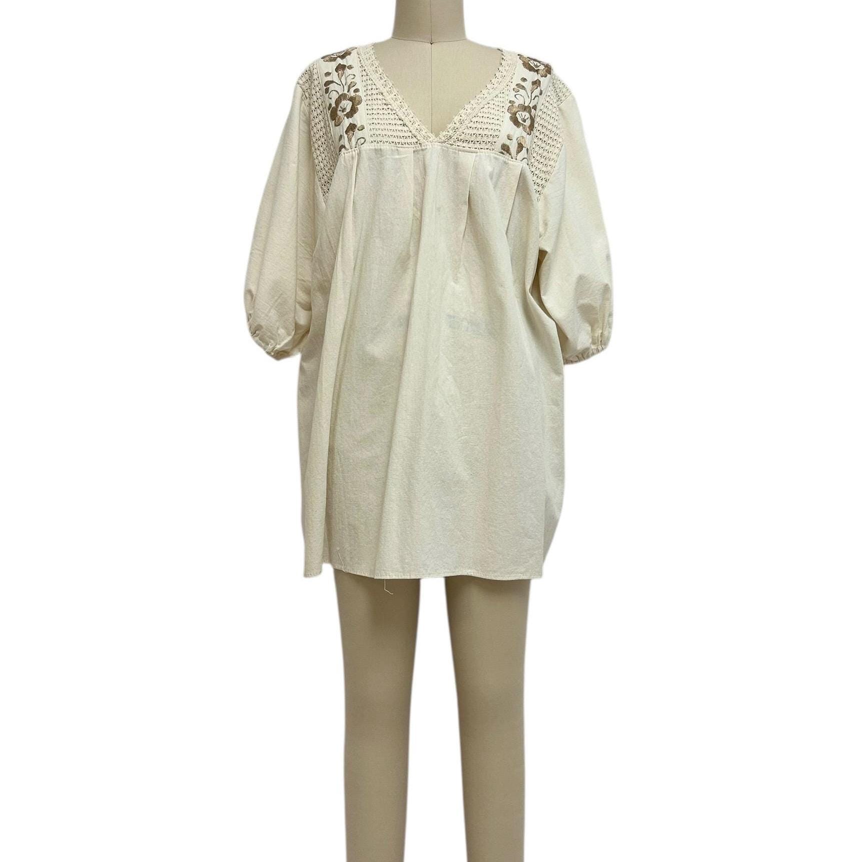 floral embroidery boho mini dress vintage Mexican puff sleeve tunic