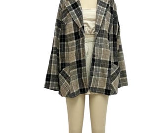 Chaqueta deportiva de lana a cuadros neutros de los años 60 para mujer, estilo blazer vintage, talla M