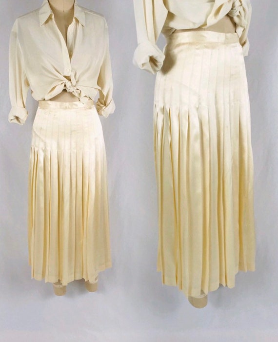 cream silk skirt 80s long pleated Ivory satin midi