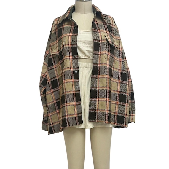 Vintage 70s Plaid Wool Shirt Jacket: Retro Lumberjack Shacket Men's L