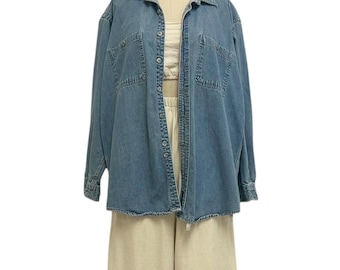 thick denim shirt jacket 90s vintage button up faded jean oxford M