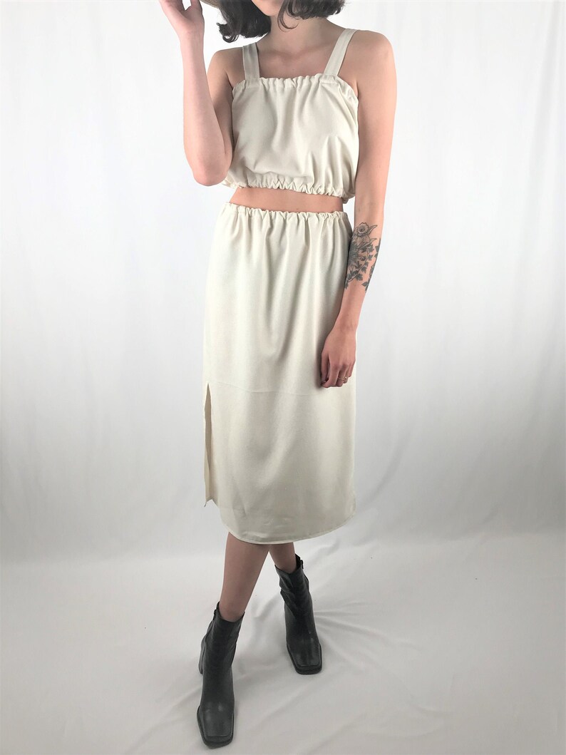 white raw silk skirt set handmade boho side slit midi skirt scrunchie camisole crop top matching set