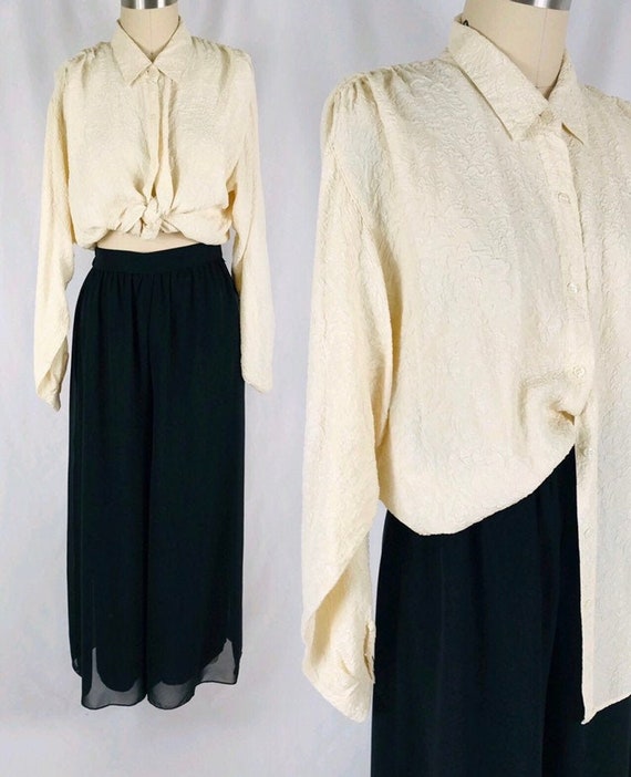 textured cream silk blouse vintage pleated shoulde