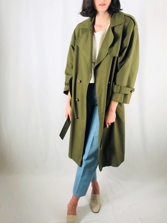 small olive green trench coat 80s classic long min