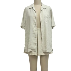 ecru silk button down shirt 90s vintage neutral striped short sleeve oxford L