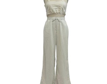 Pantalones de salón de mezcla de lino vainilla, minimalistas, neutros, de pierna ancha, estilo bohemio, con cordón, talla M