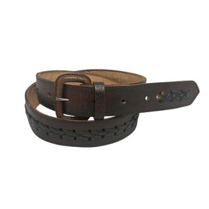vintage leather belt 70s boho cognac woven cowhide belt L
