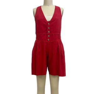red denim overall romper 80s vintage mini jean jumpsuit M