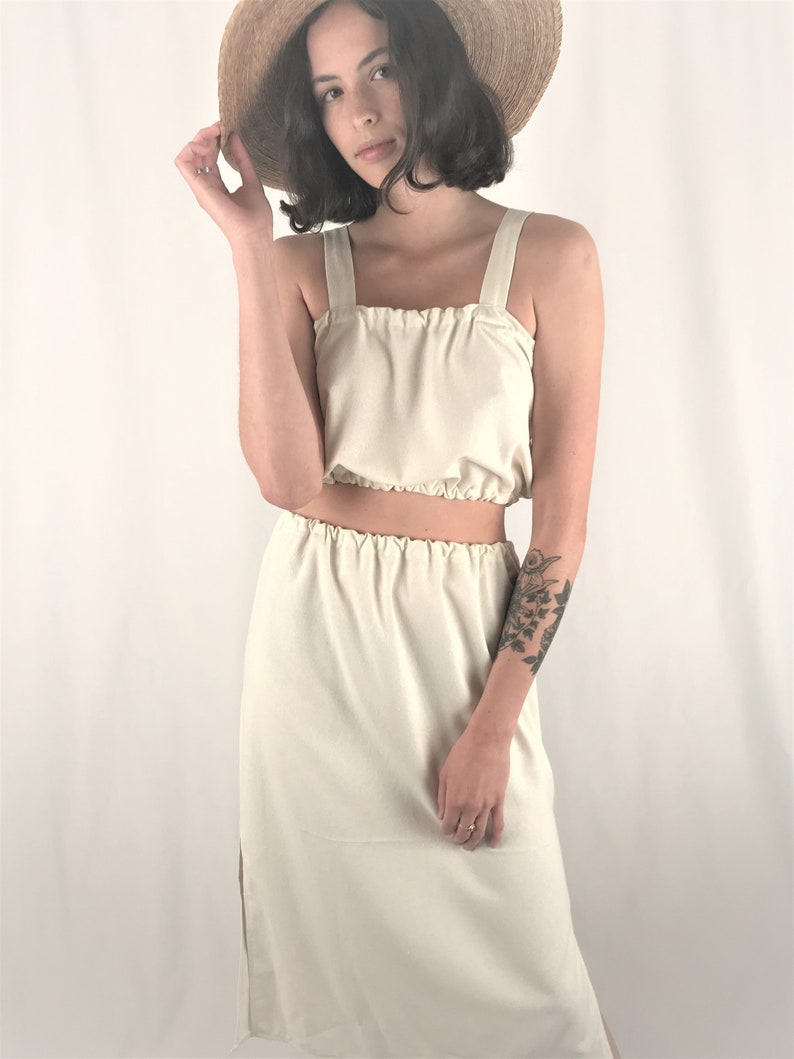 white raw silk skirt set handmade boho side slit midi skirt scrunchie camisole crop top matching set